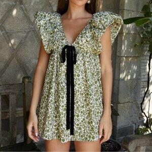 Floral Green Mini Dress with Black Bow